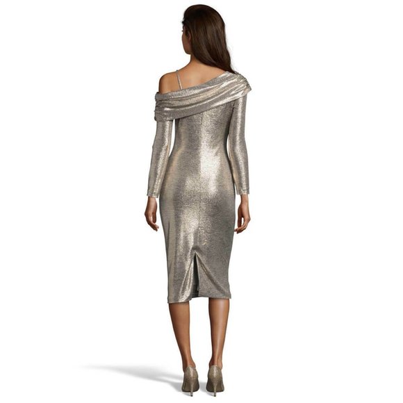 BETSY AND ADAM Off-The-Shoulder Asymmetrical Metallic Dress $450 SIZE 10 - Picture 2 of 2